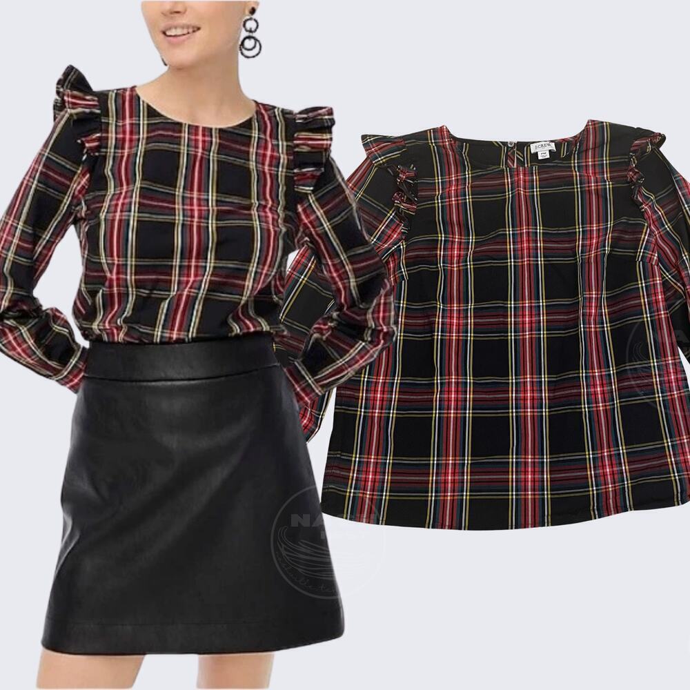 J.Crew Size PM Plaid Ruffle Shoulder Top | Holiday Tartan Blouse Long Sleeve